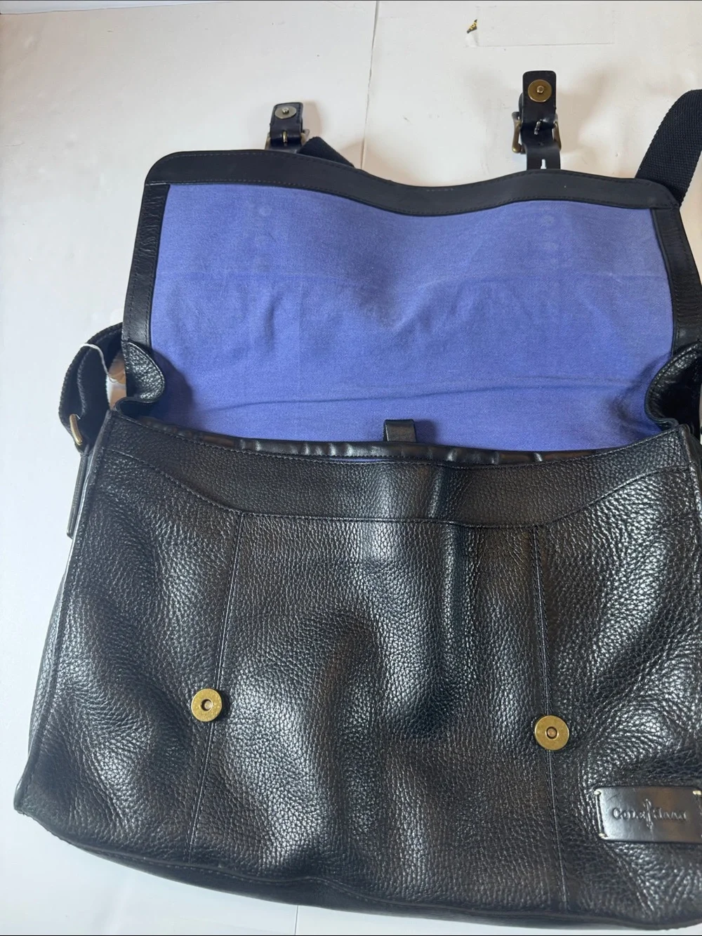Cole Haan Black Leather Messenger Bag with Brass Accents